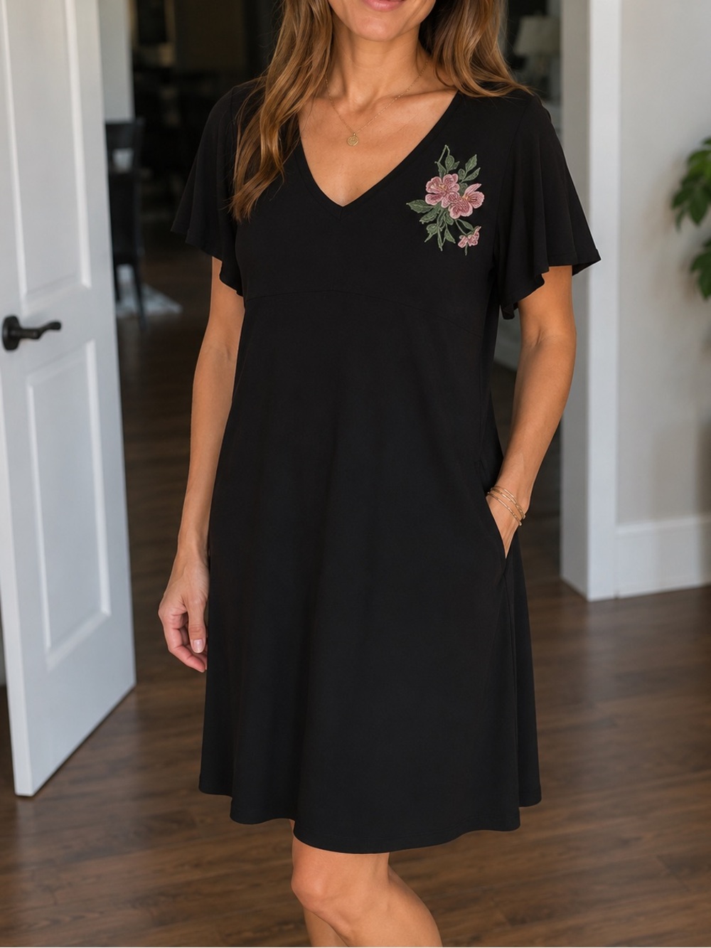 Elegant Black Dress with Floral Embroidery